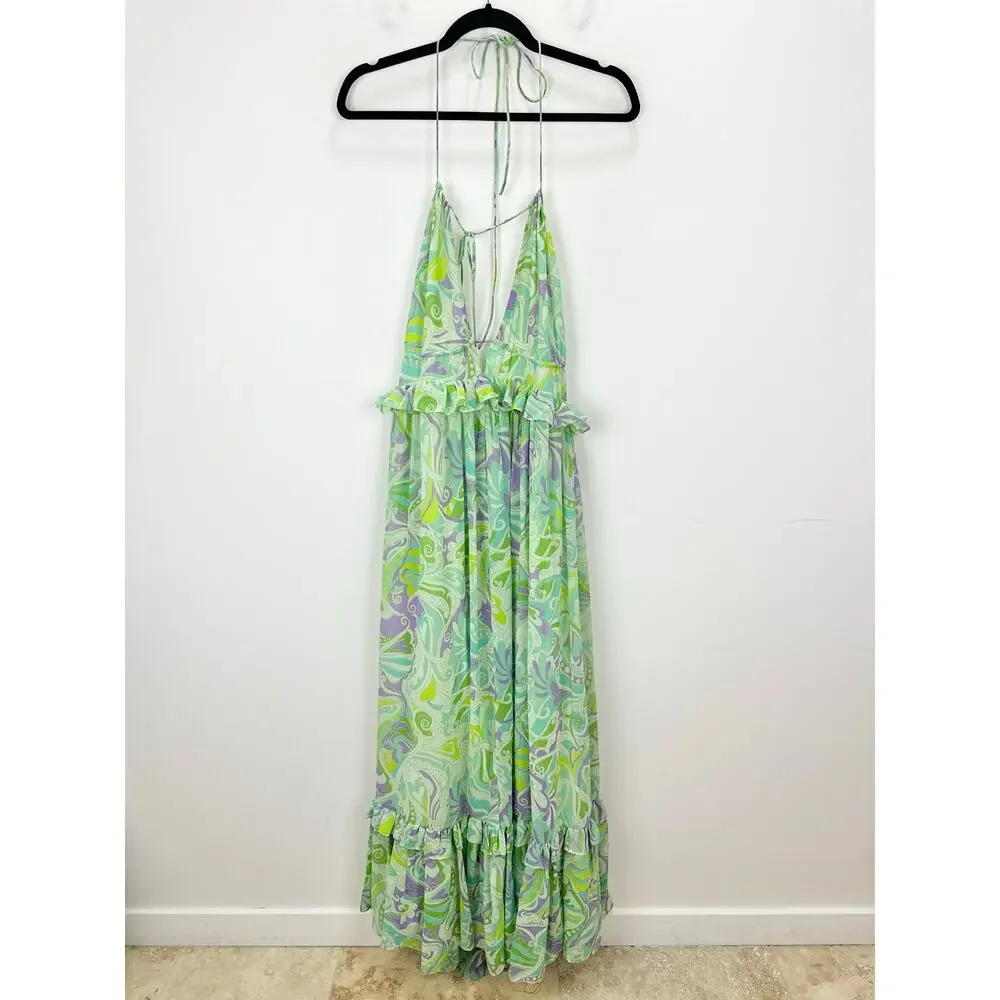 Mango Maxi Dress Chiffon Printed Ruffle Resort Boho Green A Line Medium NWT - Picture 8 of 16